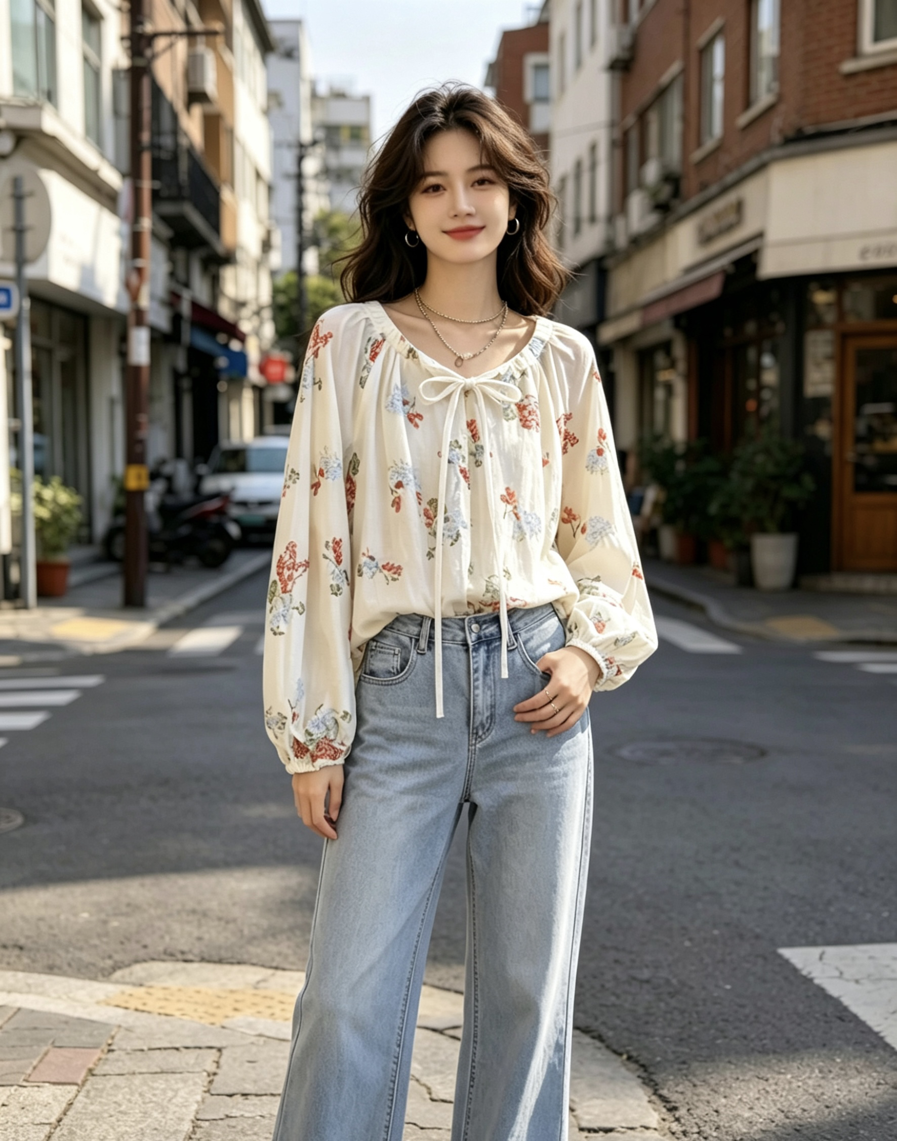 2026 봄 여름 프랑스식 꽃무늬 레이스업 라운드 넥 긴팔 여성 셔츠 얇은 스타일 자외선 차단 셔츠 벌룬 소매 맨위