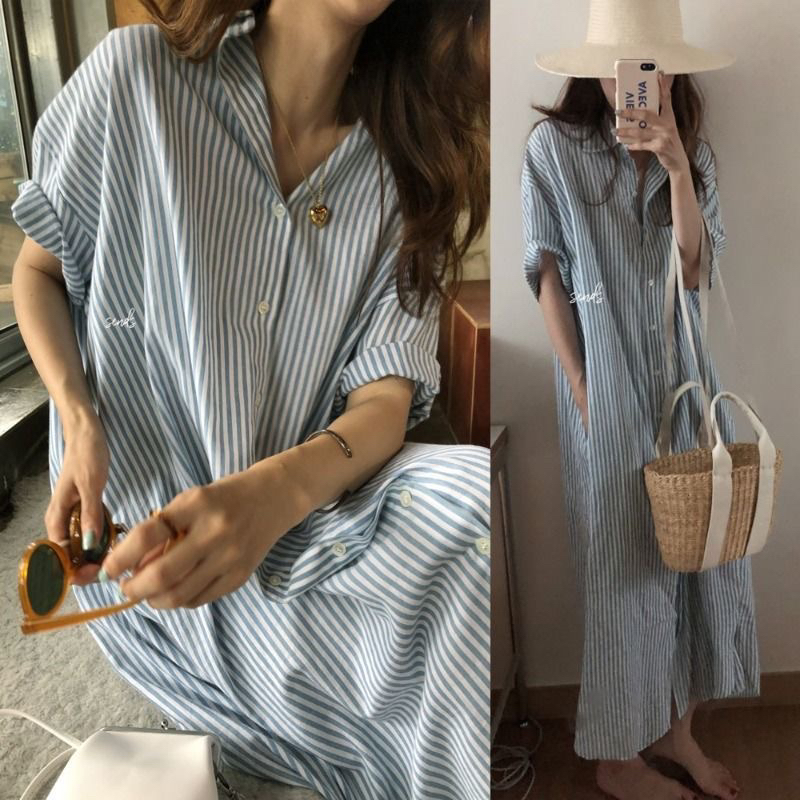 2026 한국 chic 작은 대중 레트로 폴로 칼라 싱글 줄 버튼 루즈핏 느긋한 바람 반팔 셔츠 스타일 스트라이프 드레스