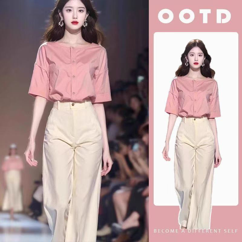 2026 슈퍼 화재 연령 감소 캐주얼 고급 센스 슈퍼 잘 생긴 ~ 중 한 바람 chic 셔츠 와이드 레그 팬츠 투피스 슈트 여성