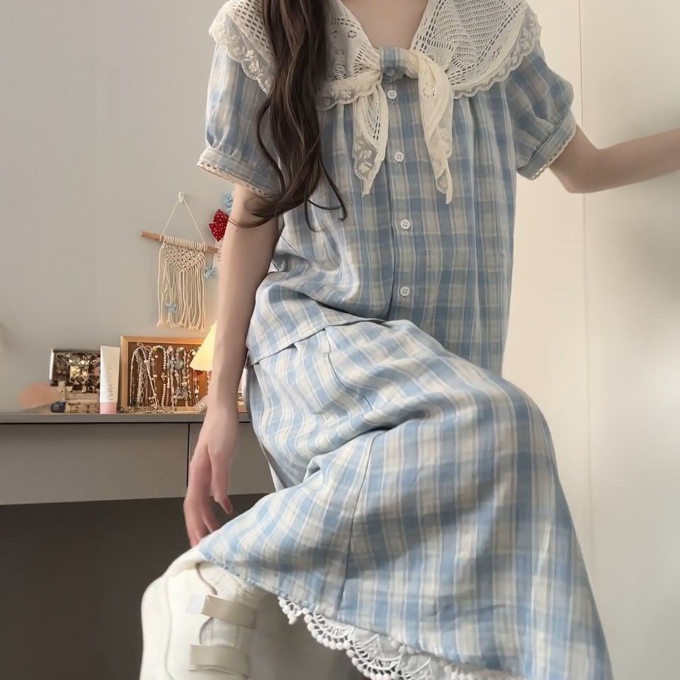 학원 스타일 블루 그리드 드레스 아이들 2025 새로운 프랑스식 달콤함 레이스 조각 반팔 셔츠 롱 스커트 세트