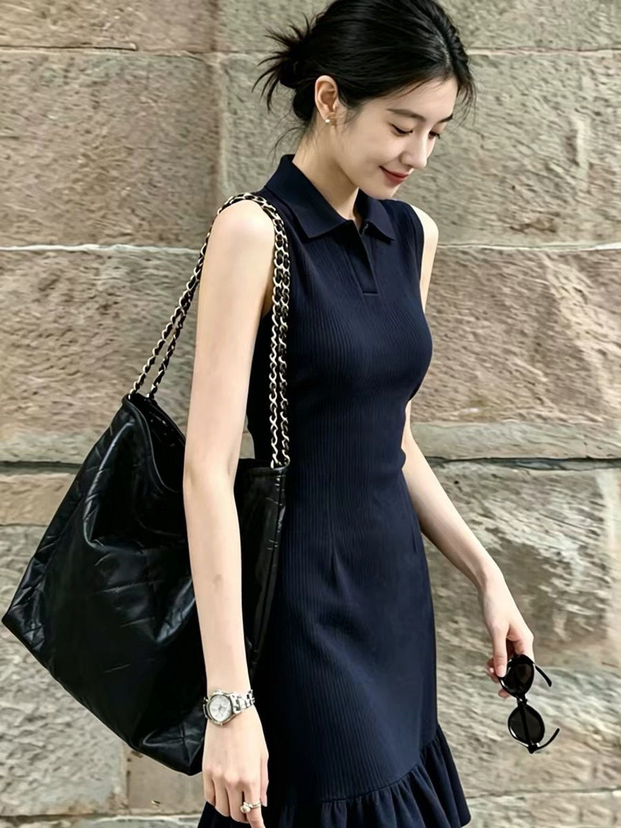여름 아름다운 아니요 명중 섹션 polo 치마 오래된 돈 바람 출퇴근 해군 폴로 칼라 조끼 인어 꼬리 니트 여성 드레스
