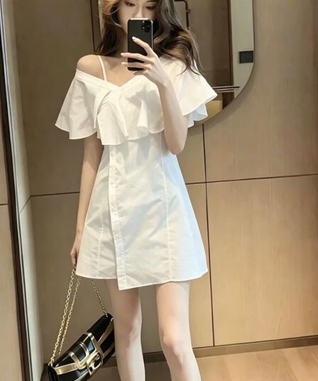 여름 새로운 작은 대중 Chic 오프숄더 디자인 센스 여성 드레스 한국 스타일 패션 다용도 셔츠 드레스 품격 미니 스커트