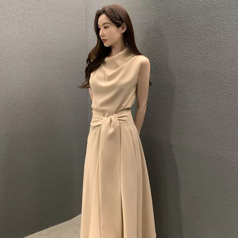 한 부서 chic 여름 프랑스식 우아함 말뚝 더미 칼라 스트랩 허리 수축 슬림해 보이는 민소매 조끼 원피스 중 롱 스커트 여성