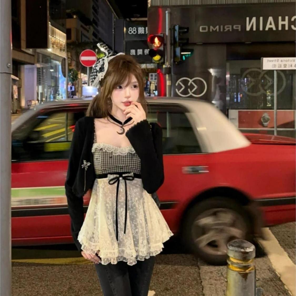 하트 비트 연인 여름 몸매 가꾸기 달콤한 차가운 디자인 인터넷 유명인 체크무늬 레이스 조각 슬립 맨위 오픈 가디건 세트 여성