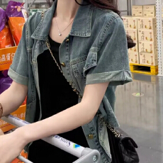 短款牛仔外套设计夏季感小众衬衫复古小个子2026新款短袖上衣