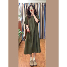 批发法式复古宽松短袖减龄<b class='q'>连衣裙</b>女学院夏季新款休闲风大码显瘦长裙子