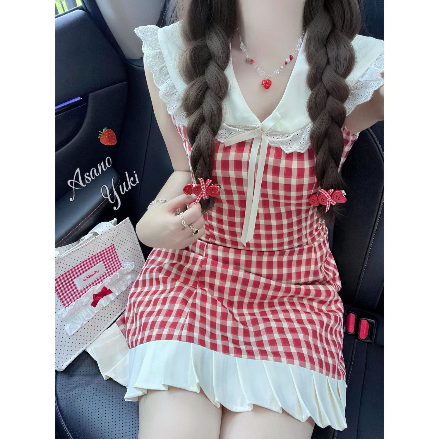 프랑스식 달콤함 베이비 칼라 레이스 레이스 체크무늬 드레스 여름 새로운 달콤한 핫걸 작은 키 허리 수축 미니 스커트