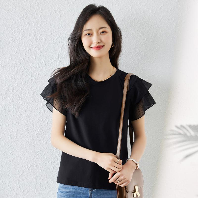 여름 여성 티셔츠 맨위 반팔 일반 망사
