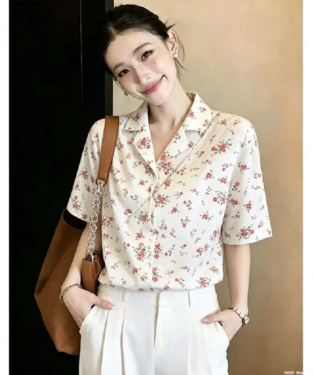 2026 년 여름 새로운 홍콩 느낌 레트로 슬림해 보이는 다용도 프린트 정장 칼라 반팔 쉬폰 블라우스 맨위 ins 바람