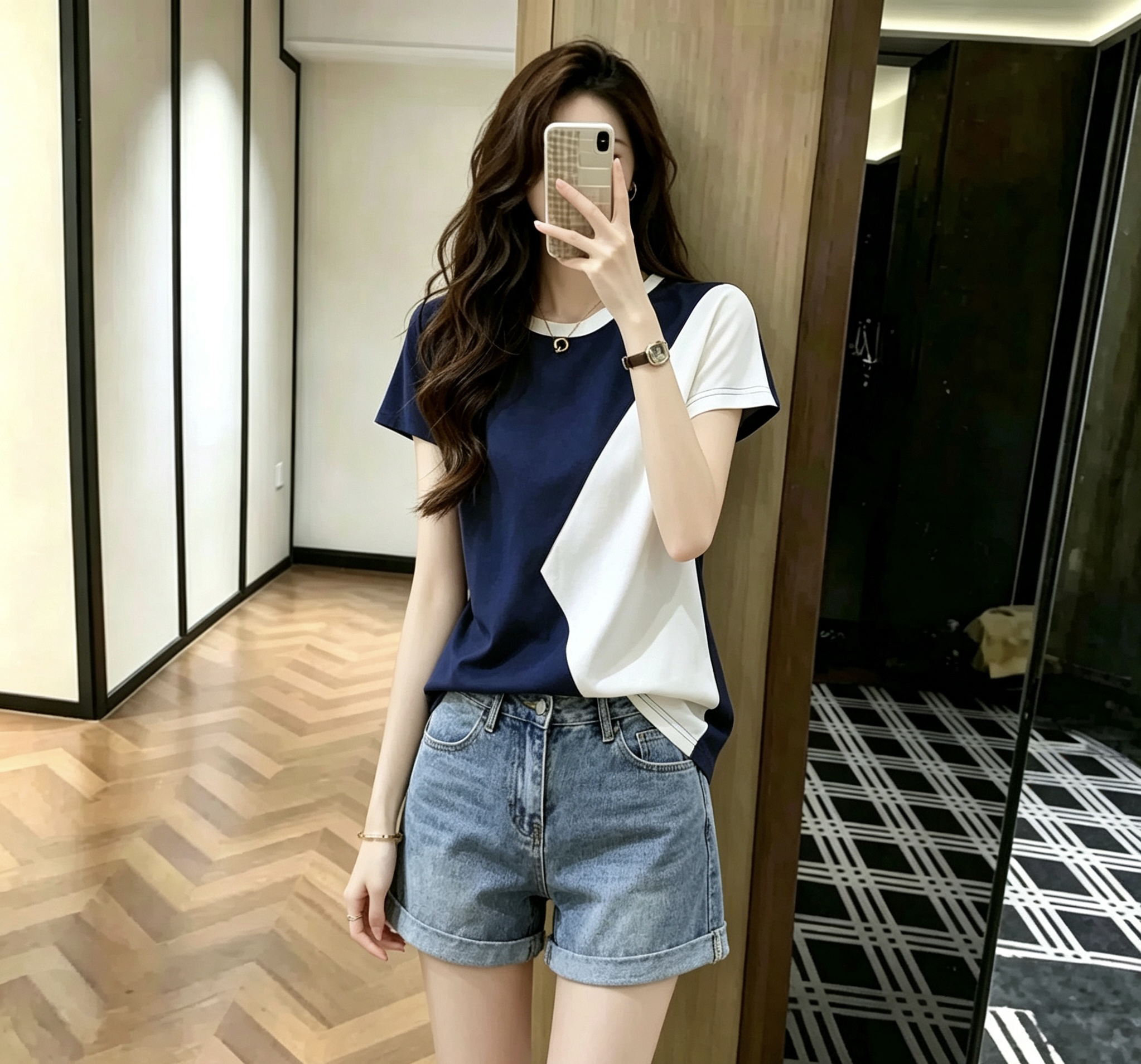 블루 싸움 화이트 고급 빗질된 면 다용도 패치워크 배색 맨위 티셔츠 새로운 프랑스식 슬림해 보이는 배트윙 소매 여성