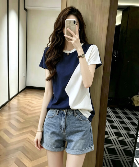 블루 싸움 화이트 고급 빗질된 면 다용도 패치워크 배색 맨위 티셔츠 새로운 프랑스식 슬림해 보이는 배트윙 소매 여성
