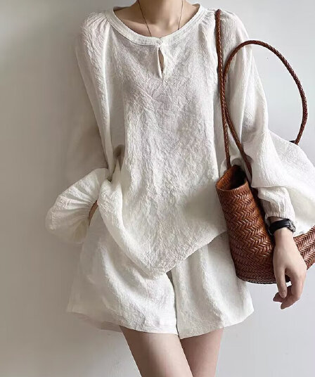 캐주얼 세트 여성 2026 여름 새로운 긴팔 자외선 차단 셔츠 넓은 다리가 짧다. 바지 투피스 세트