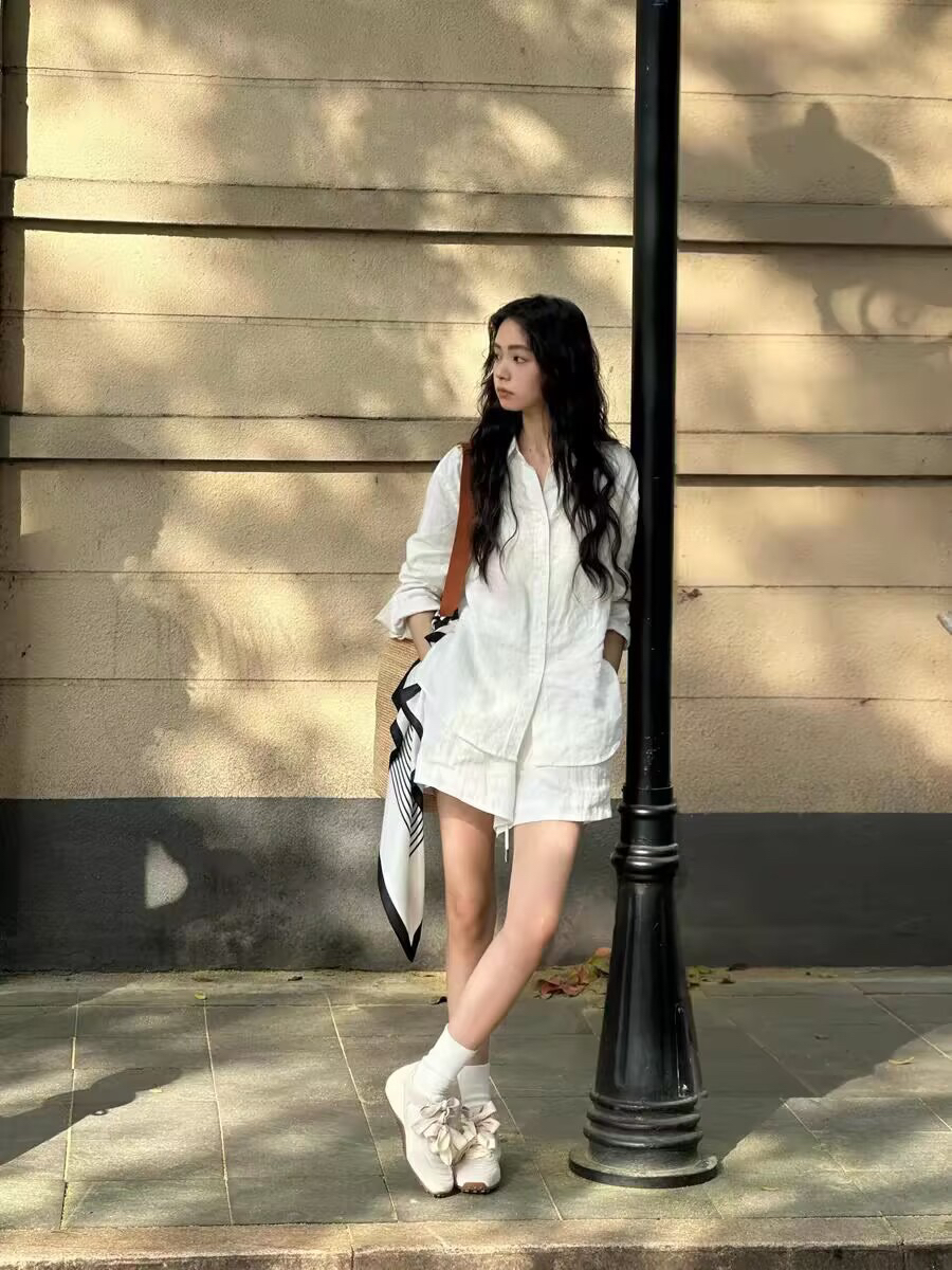 새로운 여름 오래된 돈 바람 세트 여성 루즈핏 느긋한 아마 긴팔 셔츠 캐주얼 반바지 투피스 세트