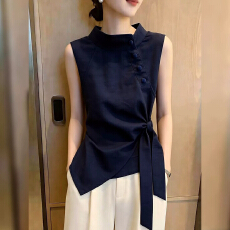 批发2026年<b class='q'>夏</b>季新品女藏蓝色无袖上衣宽松慵懒风百搭纯色简约精致短袖