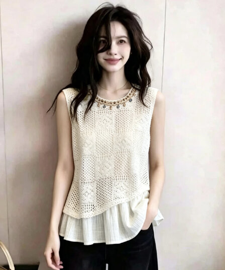 보헤미안 바람 민소매 맨위 여성 여름 섬 휴가 바람 무거운 작업 조개 술 페이크 레이어드 루즈핏 셔츠