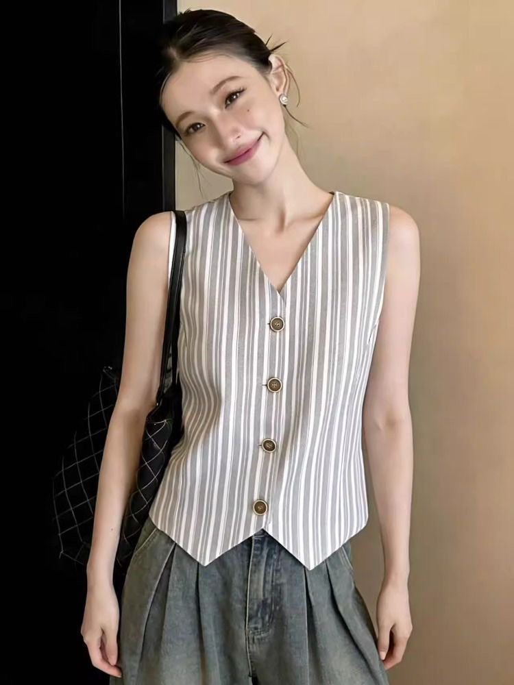 한 부서 익스트림 제인 바람 V넥 스트라이프 정장 조끼 여자 여름 새로운 민소매 외부 가져 가라. 스택 착용 다용도 조끼 맨위