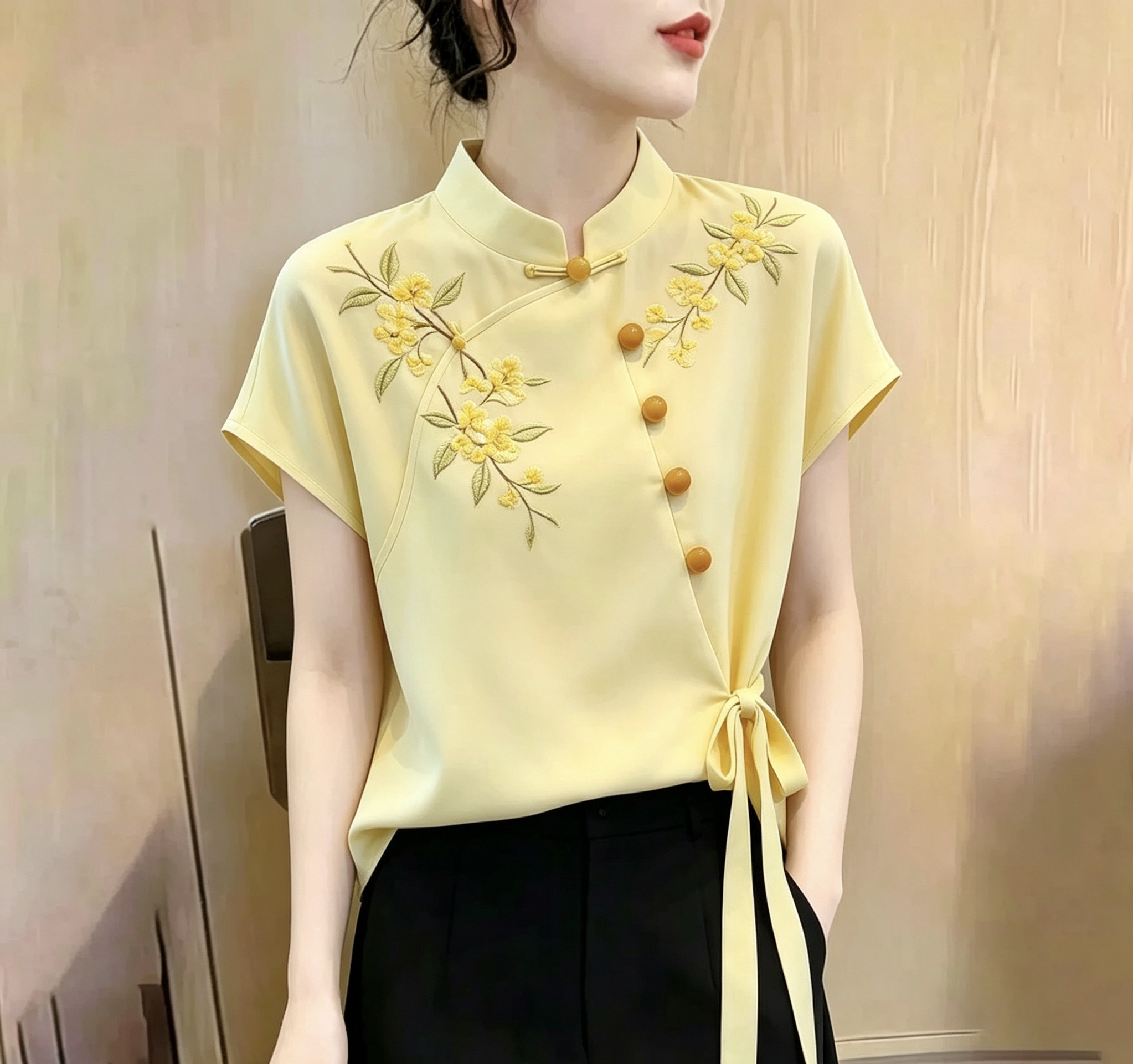 새로운 중식 국풍 단추 자수 반팔 여성 셔츠 여름 새로운 슈퍼 잘 생긴 티셔츠 몸매 가꾸기 슬림해 보이는 맨위 여성