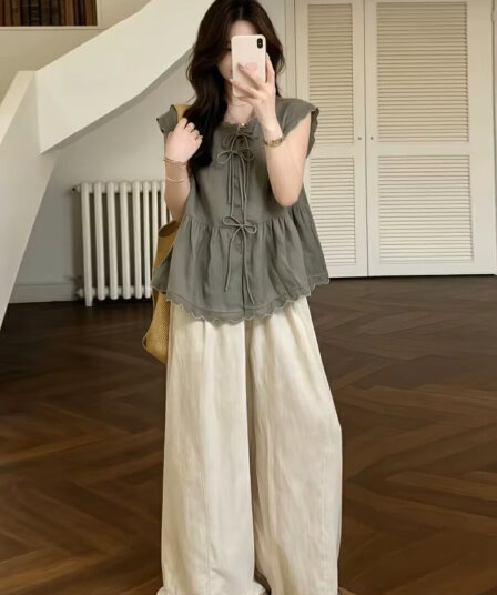 고유 한 아름다운 인형 셔츠 와이드 레그 팬츠 세트 여성 여름 2026 새로운 한 부서 전체 집합 ootd 착용 가져 가라. 연령 감소