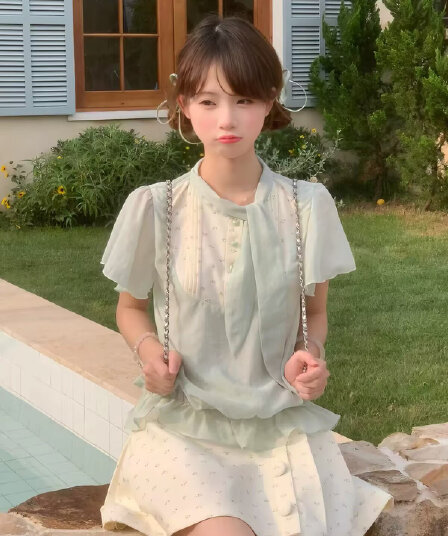 블루 나이 나이 소녀 리본 천 골드 센스 패치워크 맨위 여성 여름 새로운 다용도 꽃무늬 반신 스커트 플리트 스커트 여름