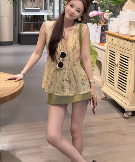 프랑스식 낭만주의 달콤한 스타일 패션 작은 세트 여성 여름 품격 꽃무늬 민소매 작은 셔츠 반신 치마바지 투피스 세트