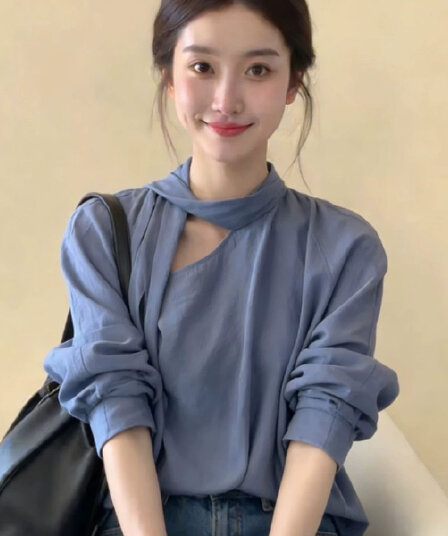 한 부서 파란색 V넥 행침 목 리본 셔츠 맨위 여성 봄 출퇴근 착용 가져 가라. 작은 키 다용도 패션 셔츠