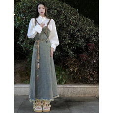 批发牛仔<b class='q'>背带</b>裙女秋季新款设计感水洗毛边高腰显瘦吊带百搭长款连衣