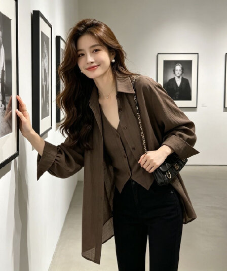 패션 품격 레트로 스타일 디자인 센스 페이크 레이어드 셔츠 봄 가을 새로운 오래된 돈 바람 외국 가스 연령 감소 맨위 여성