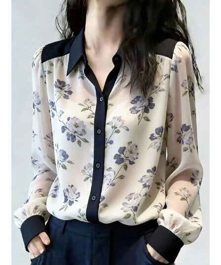 꽃무늬 쉬폰 셔츠 여성 긴 소매 봄 여름 새로운 한국 스타일 셔츠 외국 가스 연령 감소 슬림해 보이는 디자인 센스 맨위 작은 셔츠