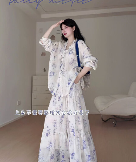 2026 봄 여름 새로운 레트로 부드러운 바람 꽃무늬 셔츠 큰 진자 케이크 반신 스커트 품격 국풍 아름다운 세트