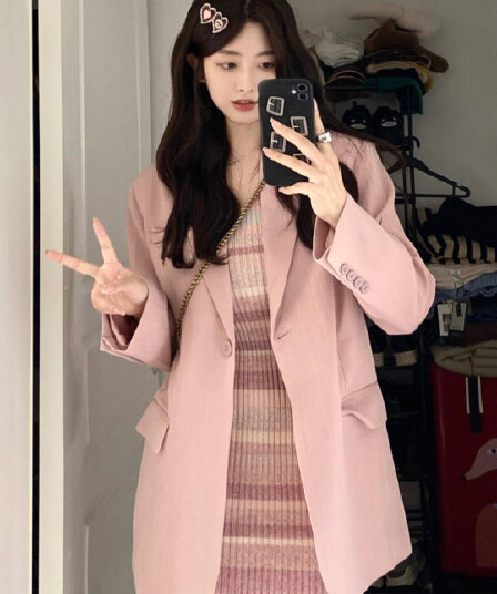 핑크색 블레이저 2026 새로운 고급 정장 봄 가을 한국 스타일 작은 키 품격 캐주얼 루즈핏 정장 여성