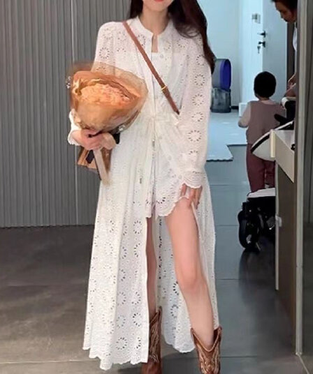 프랑스식 휴가 바람 자카드 홀로우 아웃 레이스 여성 드레스 가을 고급 센스 작은 대중 품격 슬림해 보이는 중간 길이 스커트 트렌디