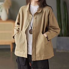批发纯棉外套女2026新款<b class='q'>秋</b>季复古斜纹棉纯色大口袋单排扣宽松休闲上衣