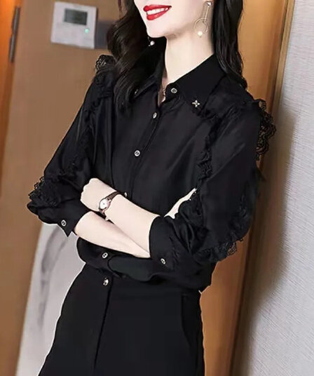 빅 사이즈 쉬폰 여성 셔츠 통통한 여동생 루즈핏 맨위 외국 가스 패션 기본 셔츠 표지 배 슬림해 보이는 여성 의류