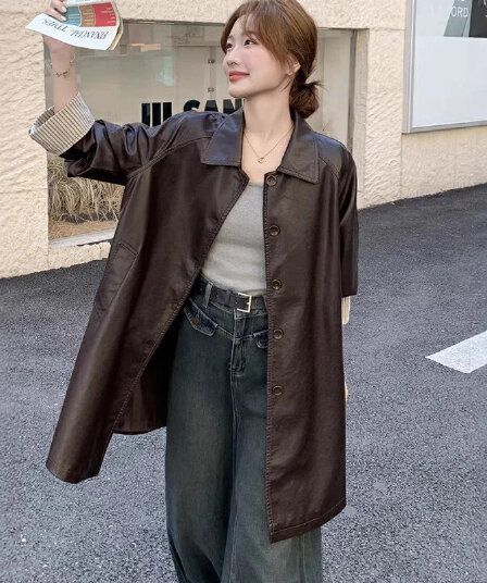 레트로 스트라이프 패치워크 커피 색상 가죽 트렌치 코트 한국 스타일 봄 새로운 루즈핏 표지 고기 중간 길이 가죽 재킷 품격 재킷