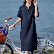 批发<b class='q'>妈妈装</b><b class='q'>夏</b>季新款文艺亚麻连衣裙复古休闲棉麻裙女简单大方的裙子