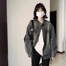 批发美式复古牛仔外套女秋季新款宽松显瘦立领<b class='q'>设计</b>宽松工装夹克上衣潮