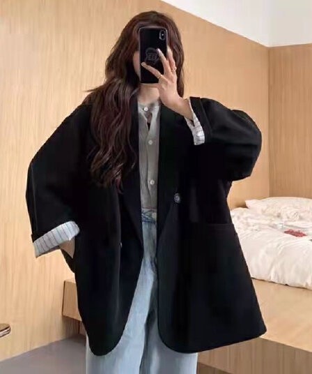 봄과 가을 정장 여성 코트 한 부서 ins 빅 사이즈 다용도 루즈핏 캐주얼 학생 홍콩 느낌 중간 길이 정장 트렌디