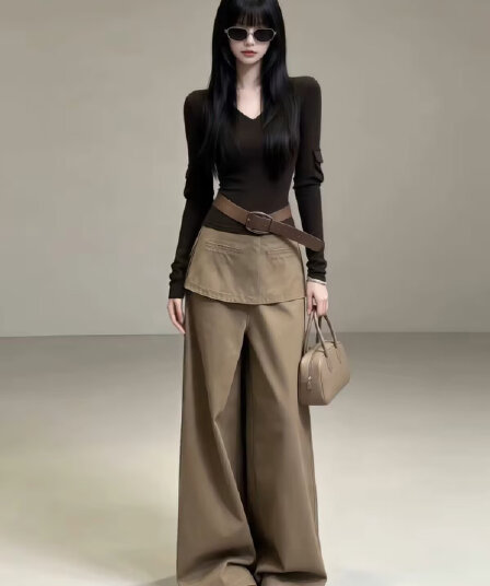 자이언트 잘 생긴 ootd 이른 가을 착용 가져 가라. 전체 집합 2026 새로운 V넥 긴팔 맨위 여성 와이드 레그 팬츠 투피스 슈트