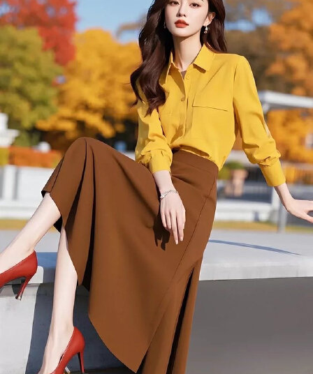 봄 착용 가져 가라. 전체 집합 소금 부서 튀김 거리 패션 고급 센스 여성 작은 샤넬 스타일 황색 셔츠 경력 세트