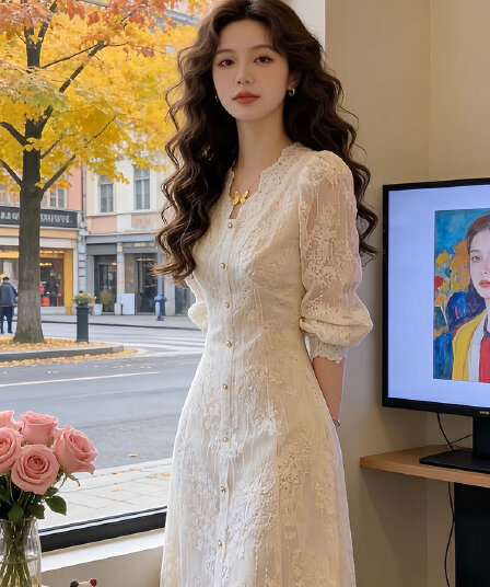 프랑스식 고급 센스 긴팔 레이스 여성 드레스 2026 가을 새로운 작은 대중 슈퍼 요정 분위기 센스 품격 롱 스커트