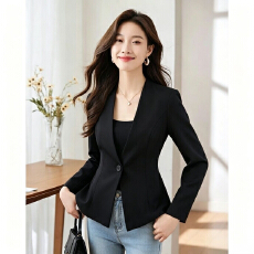 批发黑色小西装外套女春秋季新款修身显瘦一粒扣无领职业西服通勤短款