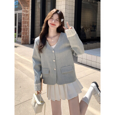 批发蓝色高级感小西服<b class='q'>蕾丝</b>拼接外套女2026秋季新款小个子气质V领上衣