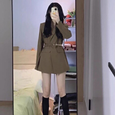 批发黑色西装外套女2026春秋韩系小个子百搭休闲腰带炸街中长款西服潮