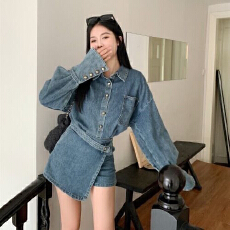 批发牛仔<b class='q'>套装</b>女美式2026复古新款外套高腰不规则显瘦半身裙两件套裤裙
