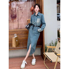 批发春秋<b class='q'>复古</b>牛仔裙长袖连衣裙2026年新款女装时尚潮流开叉高级感