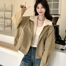 批发卡其色假两件连帽短外套女2026春季新款休闲慵懒风小个子百搭夹克
