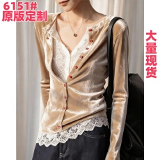 批发轻熟小众不撞款香槟色蕾丝拼接假两件丝绒衬衫女25<b class='q'>冬</b>气质内搭上衣