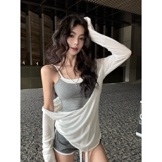 批发实拍实价夏季纯欲辣妹薄款长袖防晒罩衫+吊带背心+短裤运动套装