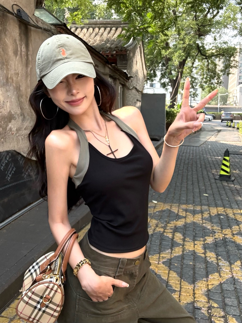 FA34387# 复古辣妹撞色挂脖拼接吊带背心U领修身显瘦短款上衣 服裝批發女裝批發服飾貨源