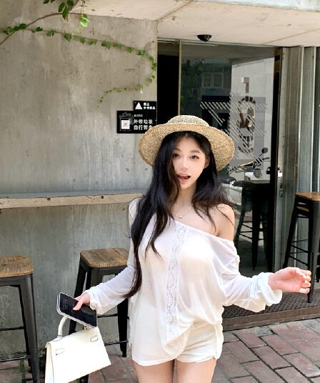 실사 정가 아니요 바겐 세일 느긋한 바람 비스듬한 어깨 레이스 양성 및 음성 둘 착용 루즈핏 긴팔 티셔츠 얇은 스타일 자외선 차단 블라우스